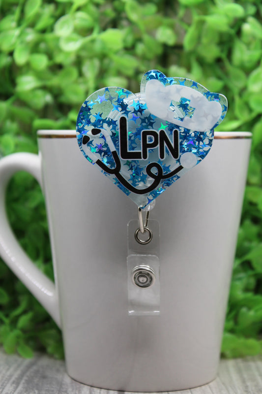 LPN Blue Confetti Heart Badge/ID Holder with Alligator Clip