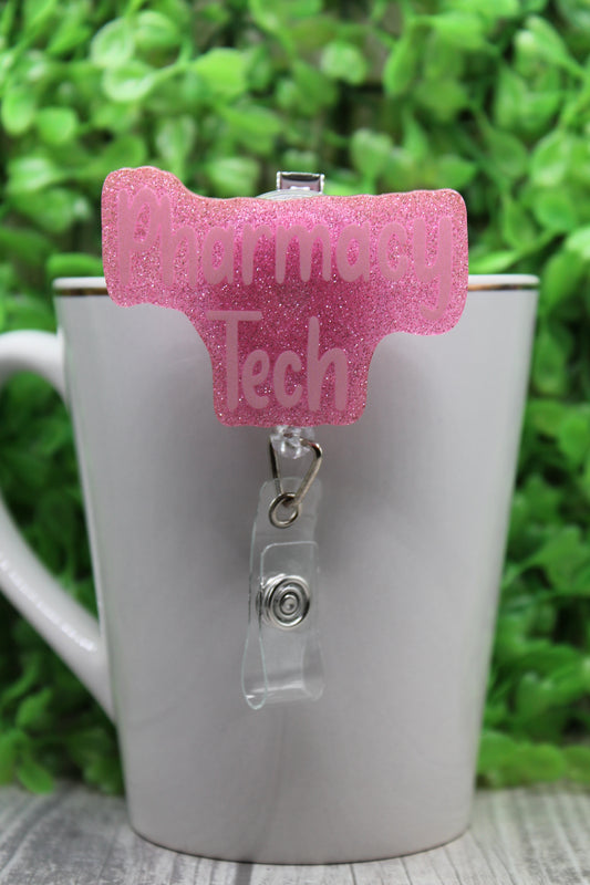 Pharmacy Tech Pink Glitter Badge/ID Holder with Alligator Clip