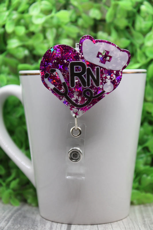 RN Pink Confetti Heart Badge/ID Holder with Alligator Clip