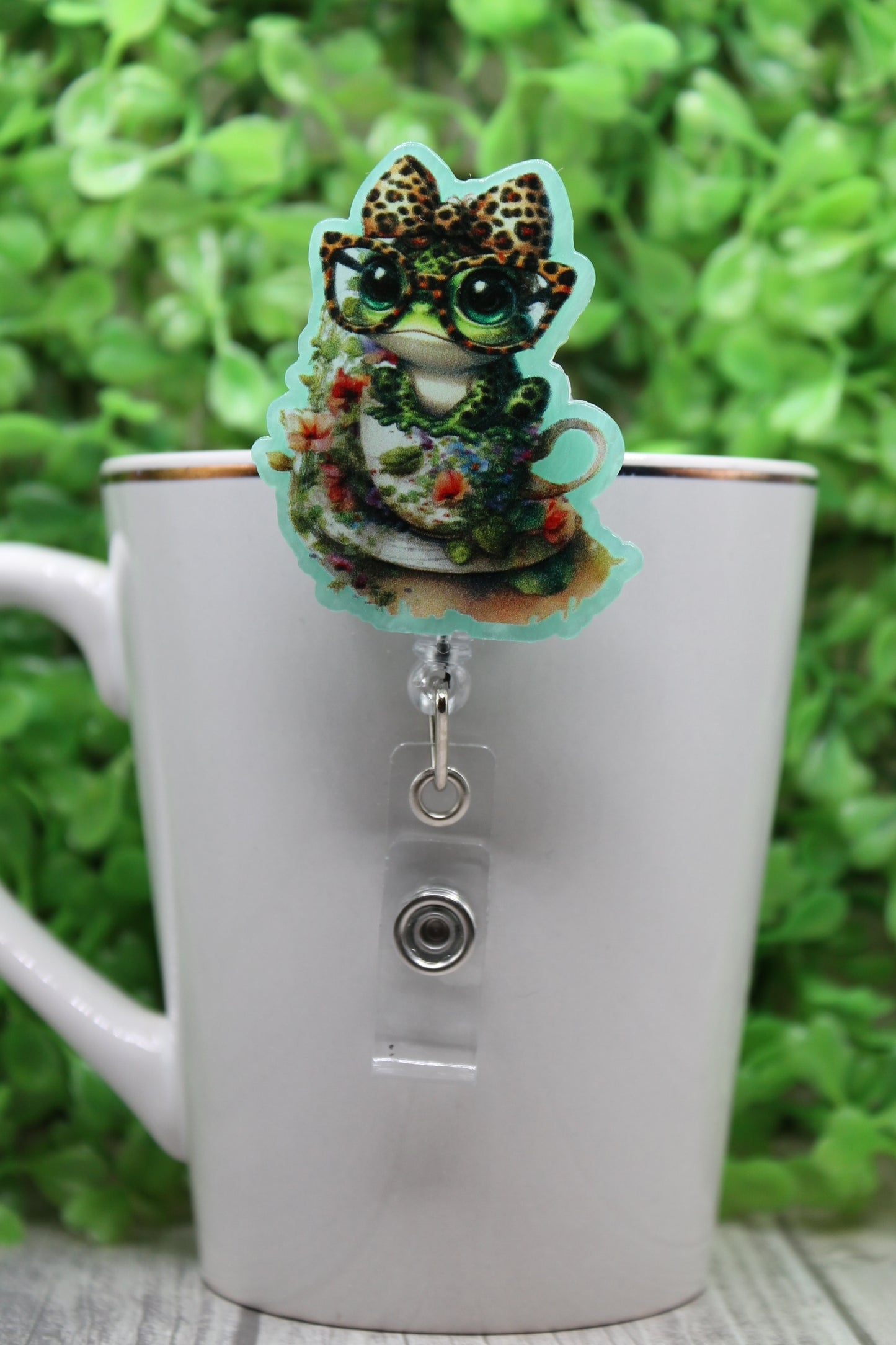 Frog in Teacup Badge/ID Holder with Alligator Clip