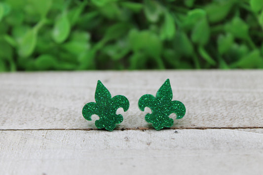 Green Glitter Fleur de Lis Mardi Gras • Stud Earrings