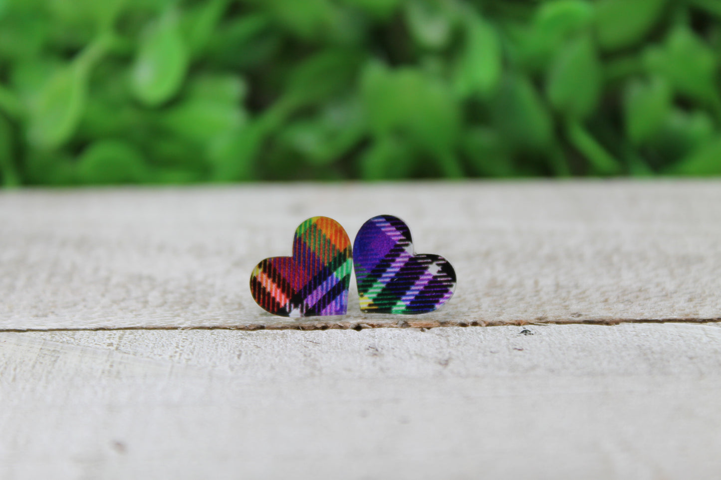 Rainbow Plaid Hearts Valentine's Day • Stud Earrings