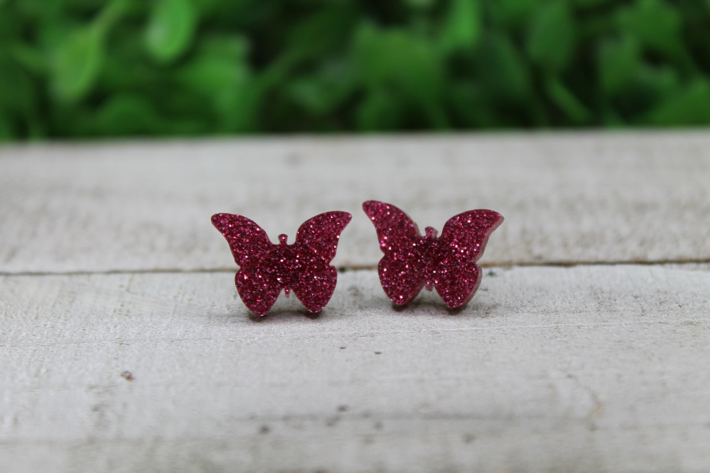 Pink Glitter Butterfly • Stud Earrings