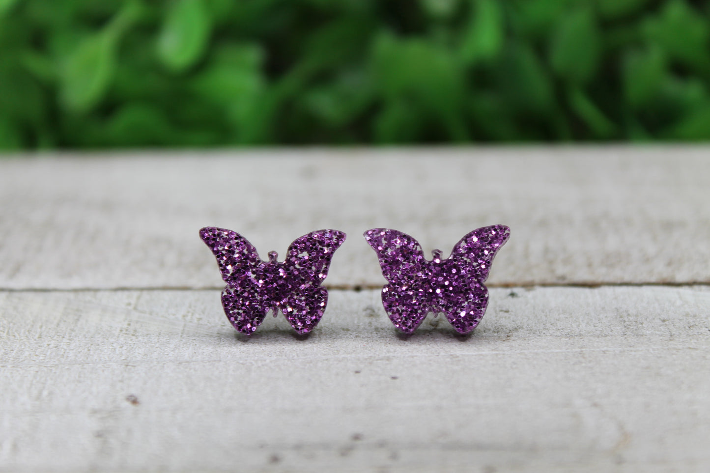 Purple Glitter Butterfly • Stud Earrings