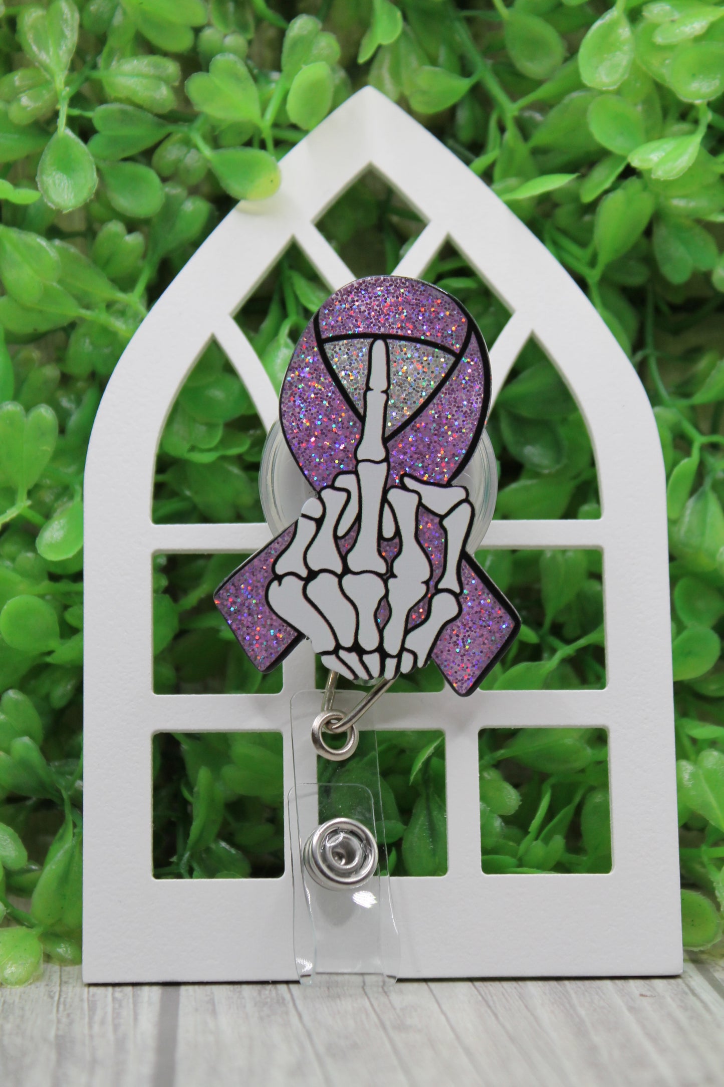 Middle Finger to Breast Cancer Ribbon Badge/ID Holder Reel