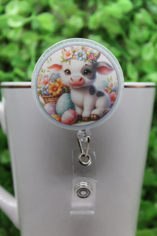 Easter Cow Circle • Badge/ID Holder with Alligator Clip