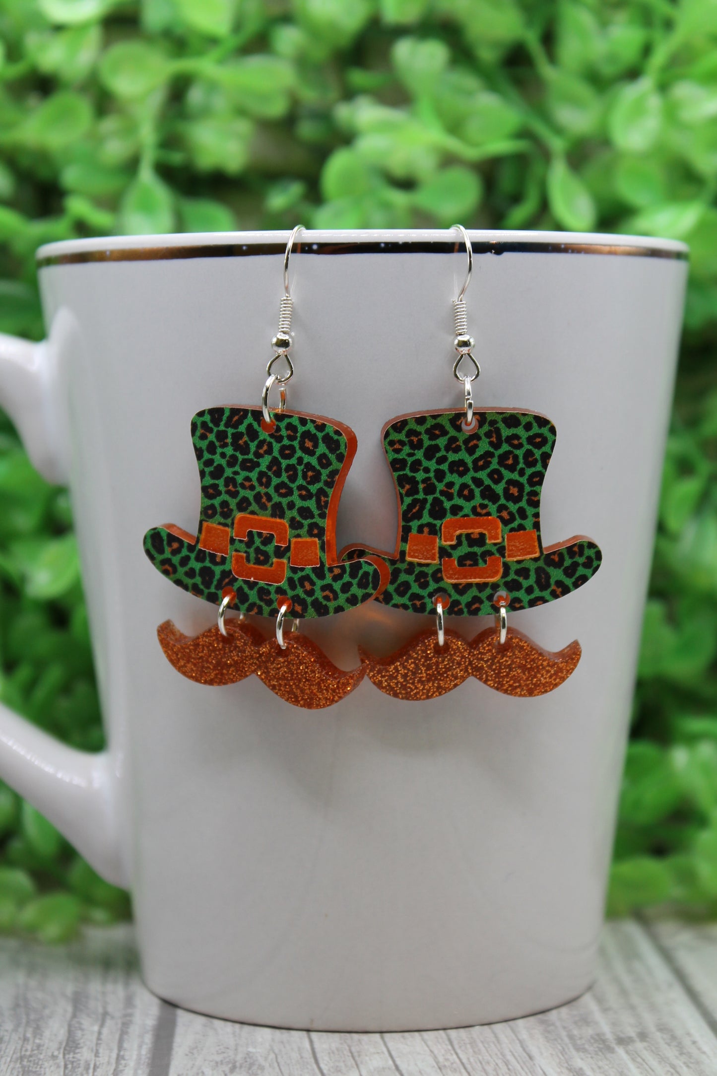 Green Leopard Leprechaun Hats & Mustaches • Dangle Earrings