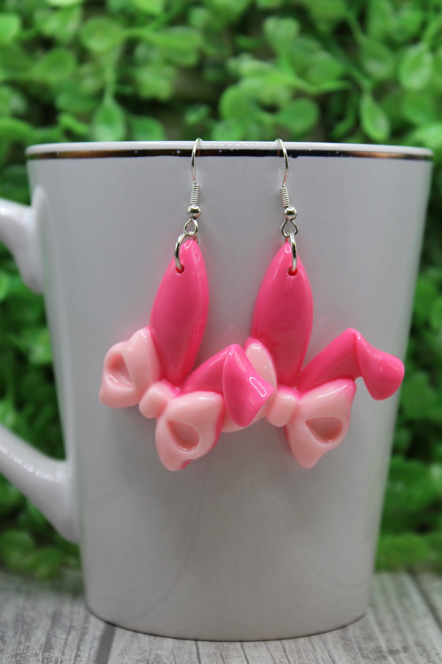 Pink Rabbit Ears and Bow Easter  • Dangle Earrings