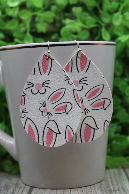 Easter Bunny Faces • Single Sided Faux Leather Teardrop Dangle Earrings