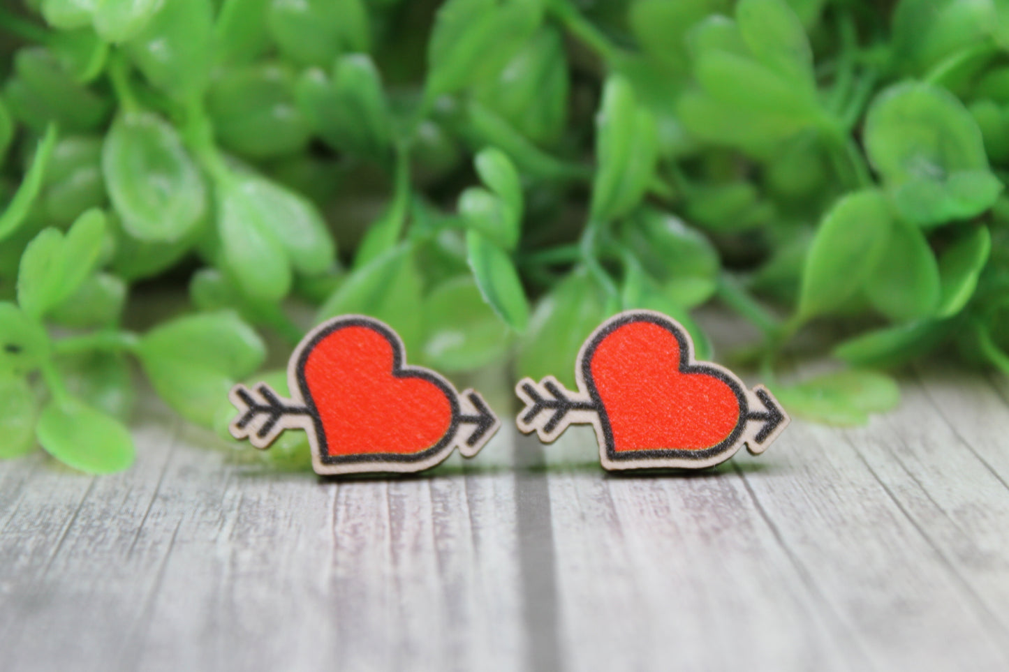 Red Heart and Arrow • Wood Stud Earrings