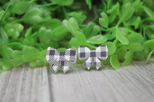 White Plaid Bow • Stud Earrings