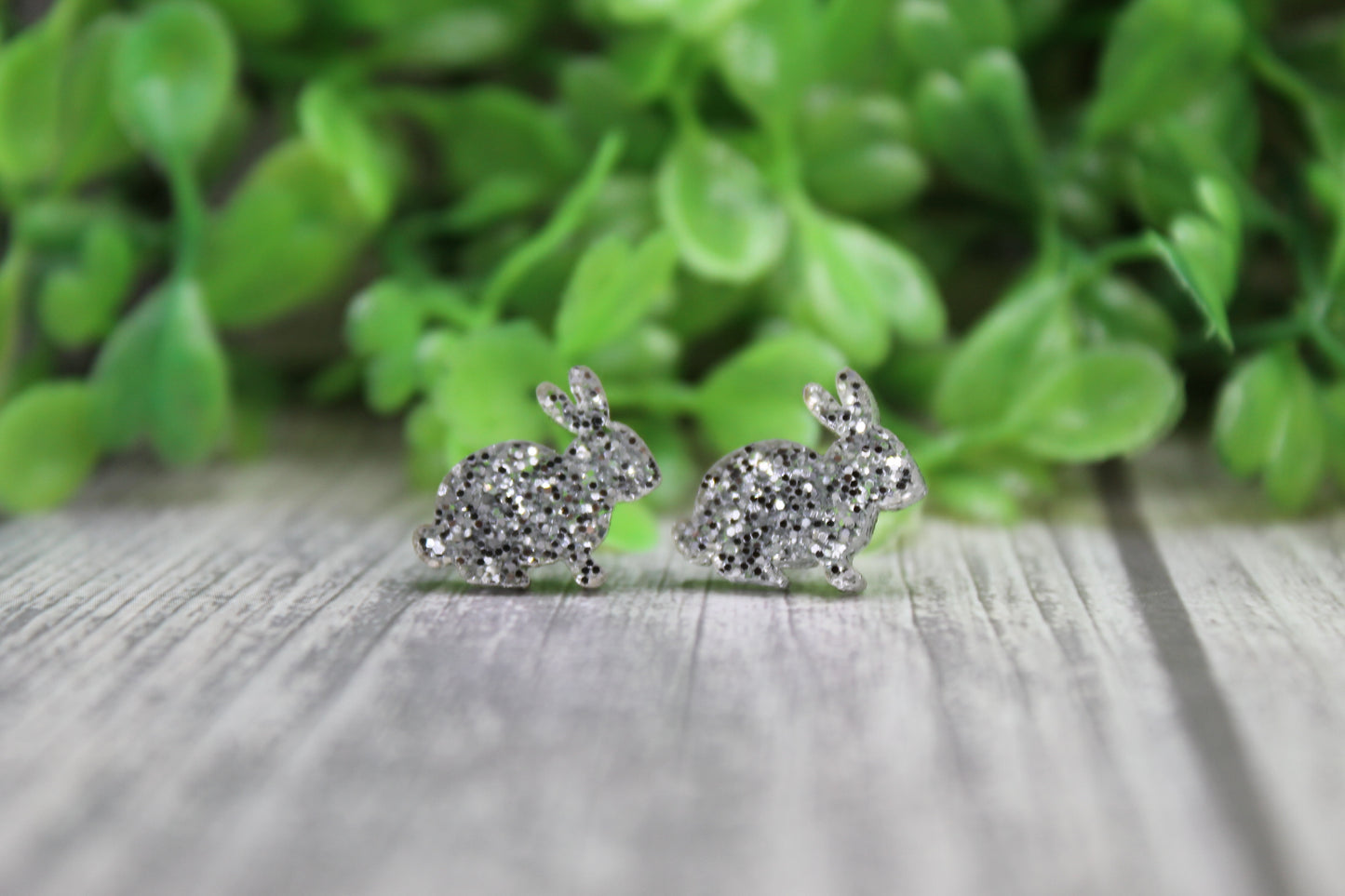 Silver Glitter Easter Bunny • Stud Earrings