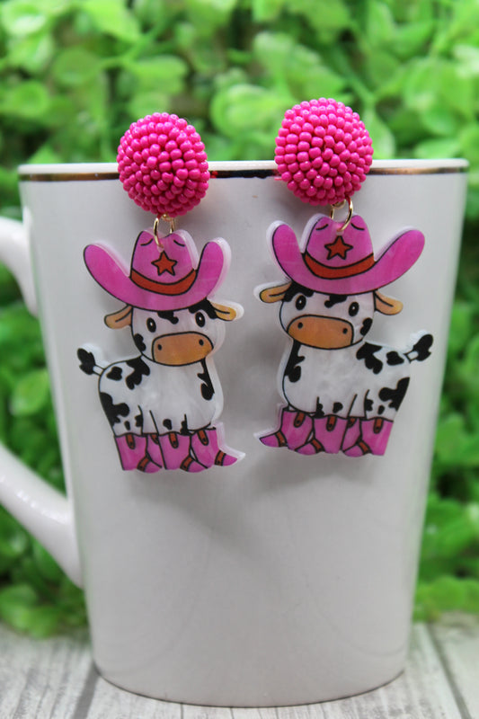 Cow with Pink Hat and Boots • Dangle Earrings