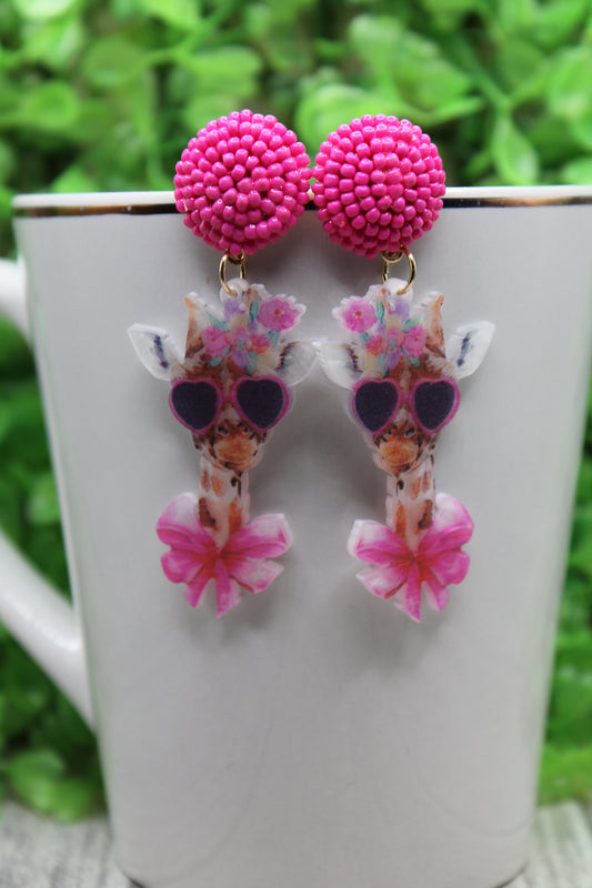 Giraffe with Pink Bow and Glasses • Dangle Earrings