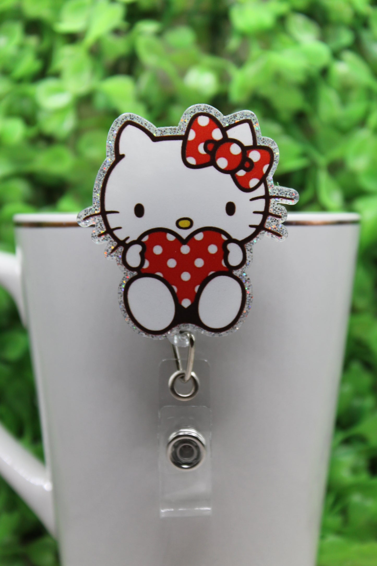 Red Polka Dot Heart Cat • Badge/ID Holder with Alligator Clip