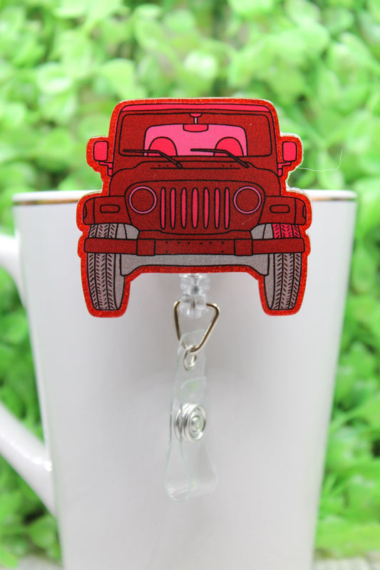 Red & Pink Jeep Badge/ID Holder Reel