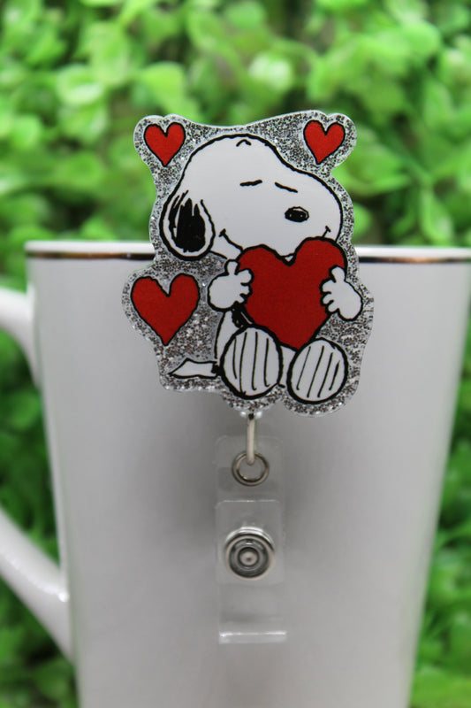 White Dog and Hearts • Badge/ID Holder with Alligator Clip