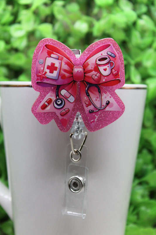 Nurse Pink Bow • Badge/ID Holder with Alligator Clip