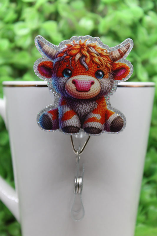 Crocheted Highland Cow • Badge/ID Holder with Alligator Clip