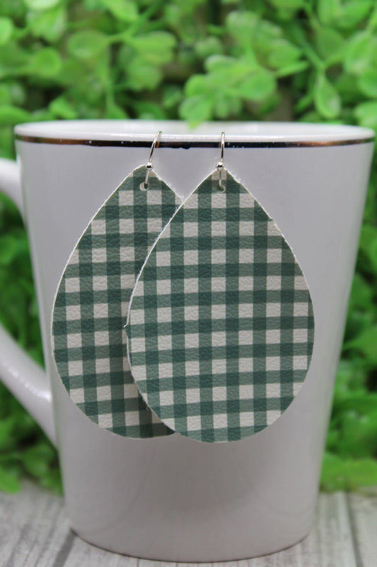 Green Gingham • Faux Leather Teardrop Dangle Earrings