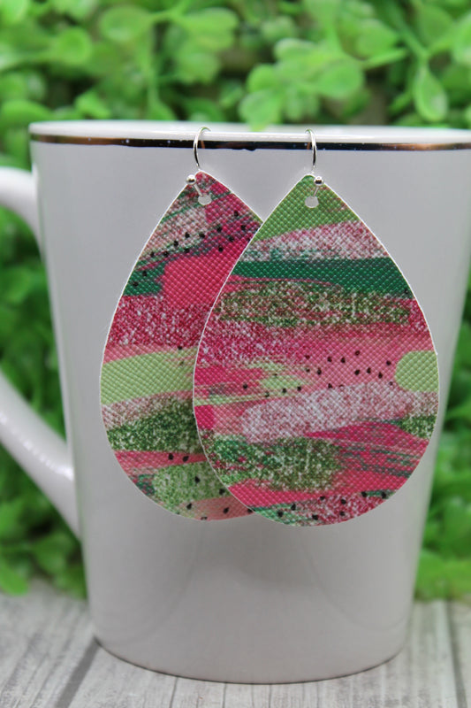 Watermelon Brushstrokes • Faux Leather Teardrop Dangle Earrings