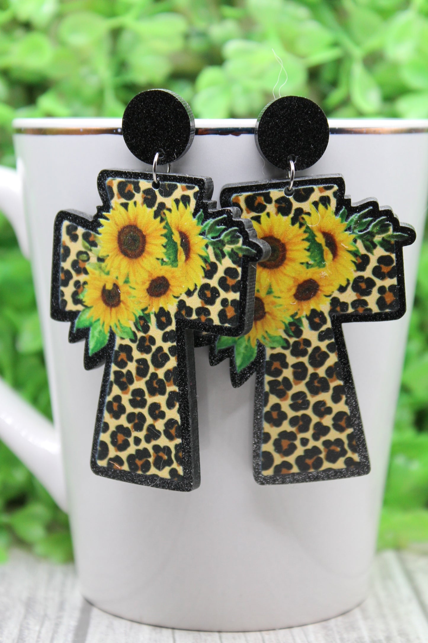 Sunflowers & Leopard Cross • Dangle Earrings