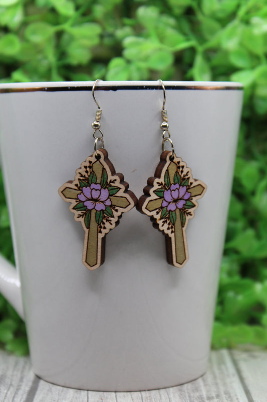 Purple Floral Cross • Dangle Earrings