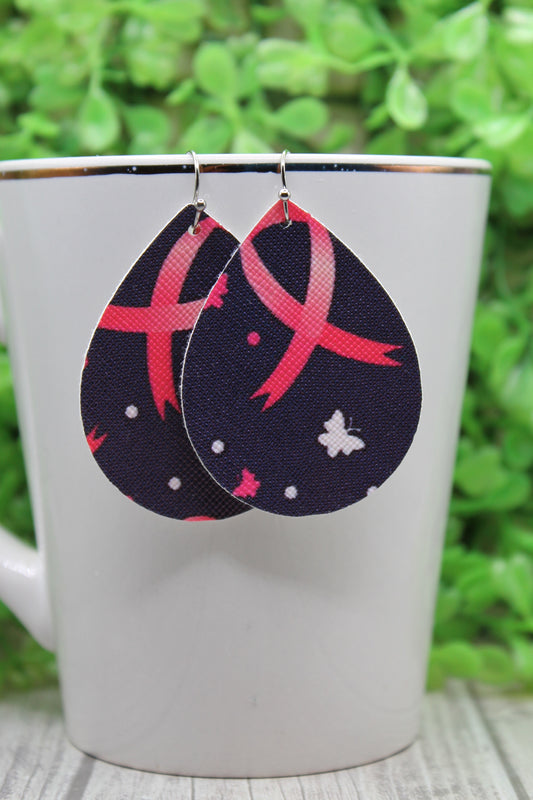 Breast Cancer Awareness Butterfly • Mini Faux Leather Teardrop Dangle Earrings
