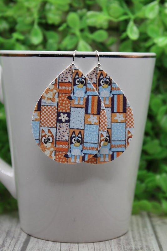Patchwork Bluey • Mini Faux Leather Teardrop Dangle Earrings
