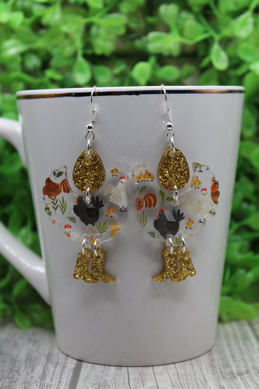 Golden Egg Chicken Dangle Earrings