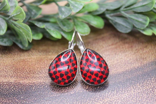 Black Hearts on Red • Teardrop French Lever Earrings