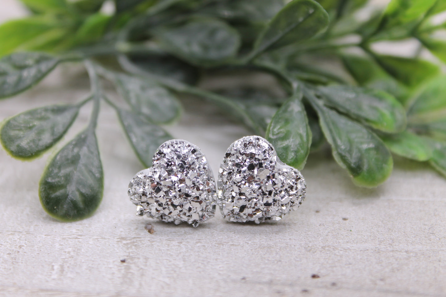 Silver Druzy Hearts Valentine's Day • Stud Earrings