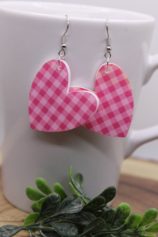 Pink Plaid Heart Valentine's Day • Dangle Earrings