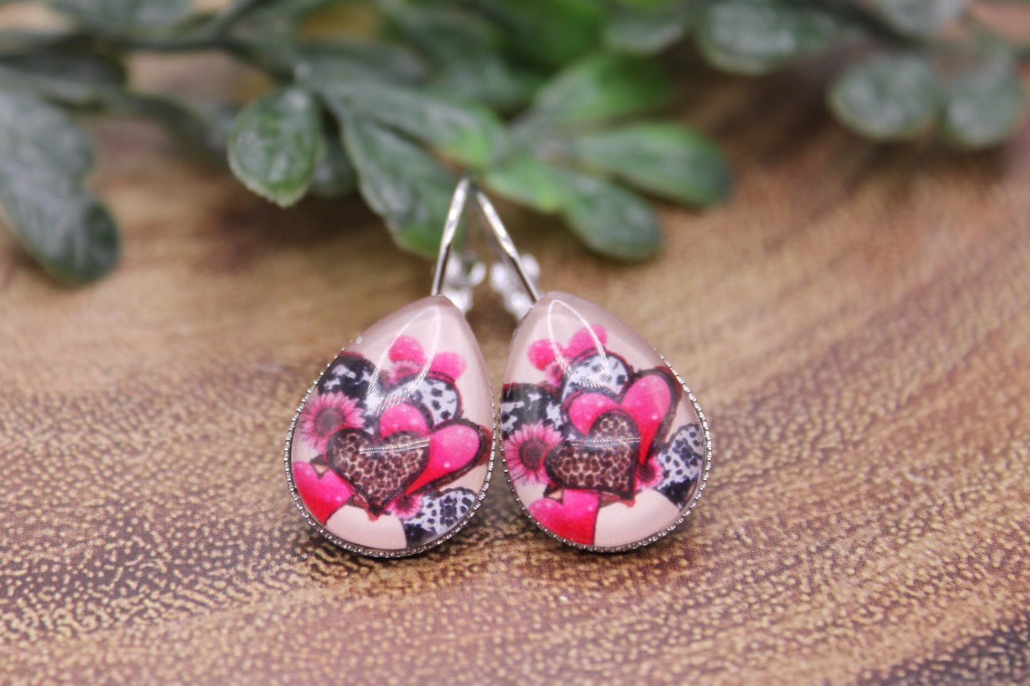 Pink, Leopard and Cow Hearts • Teardrop French Lever Earrings