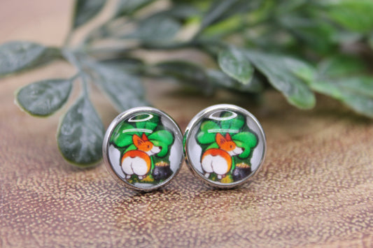 St. Patrick's Day Corgi with Shamrock • Stud Earrings