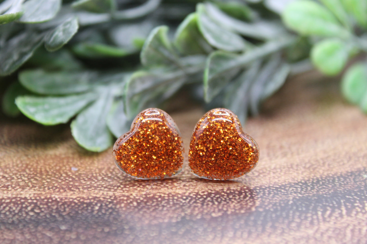 Orange Glitter Hearts Valentine's Day • Stud Earrings