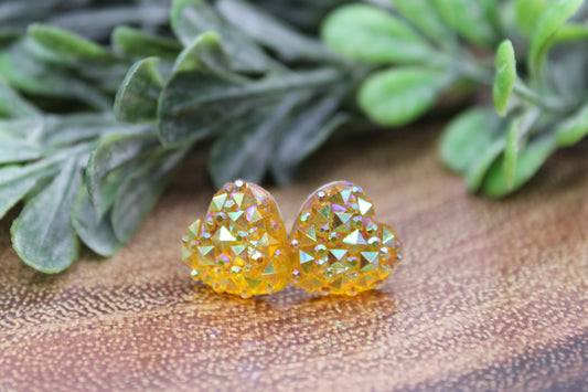 Yellow Faceted Druzy Hearts Valentine's Day • Stud Earrings