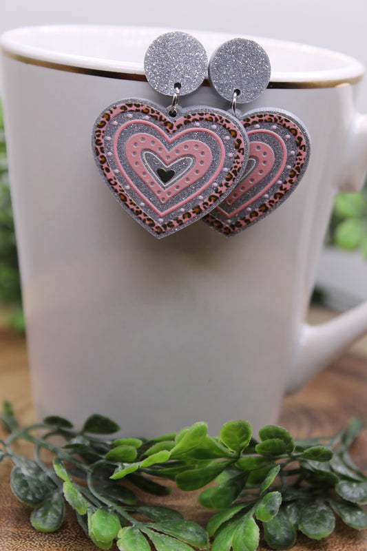 Silver and Pink Leopard Heart Valentine's Day • Dangle Earrings