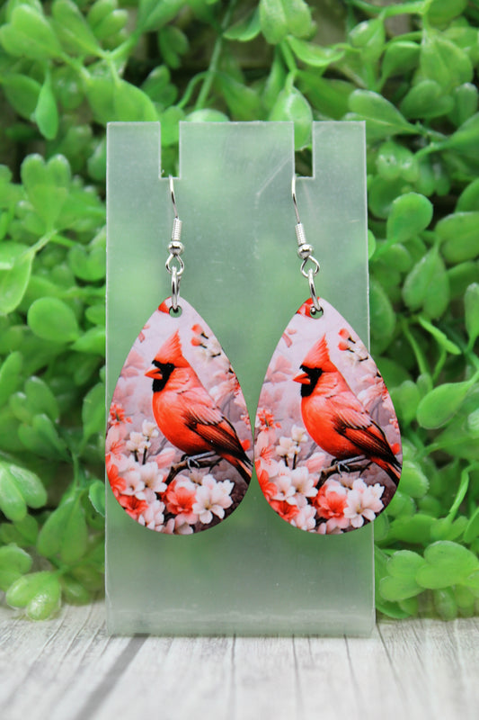 Floral Cardinal Teardrop Dangle Earrings