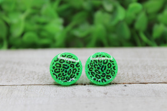 Neon Green Leopard Circle Stud Earrings