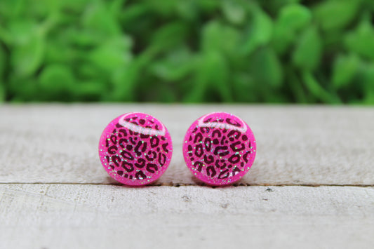 Neon Pink Leopard Circle Stud Earrings