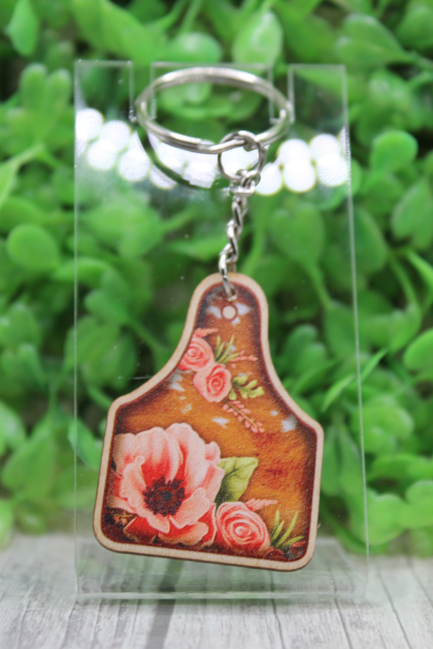 Floral Cow Tag Wooden Keychain
