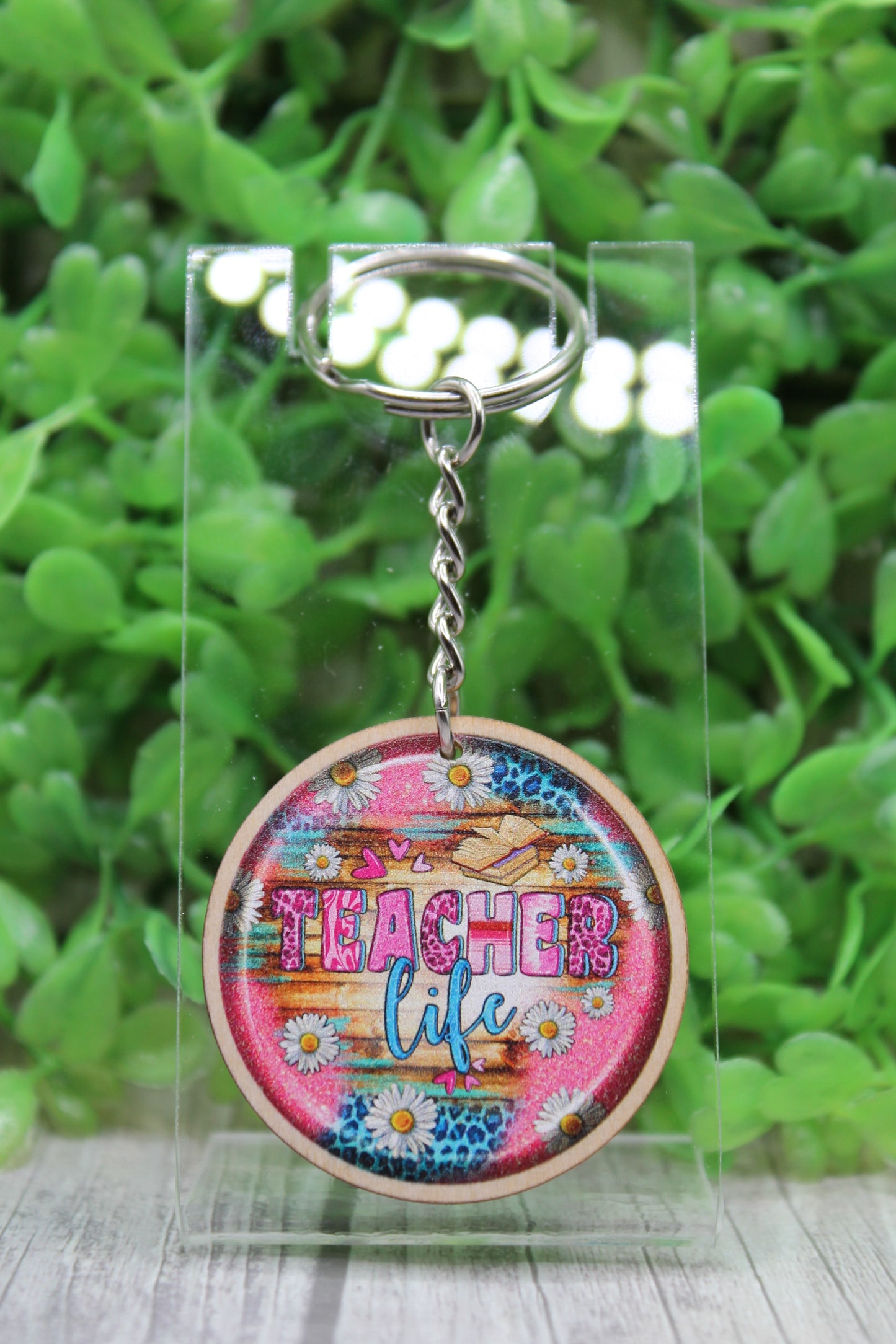 Pink & Turquoise Teacher Life Wooden Keychain