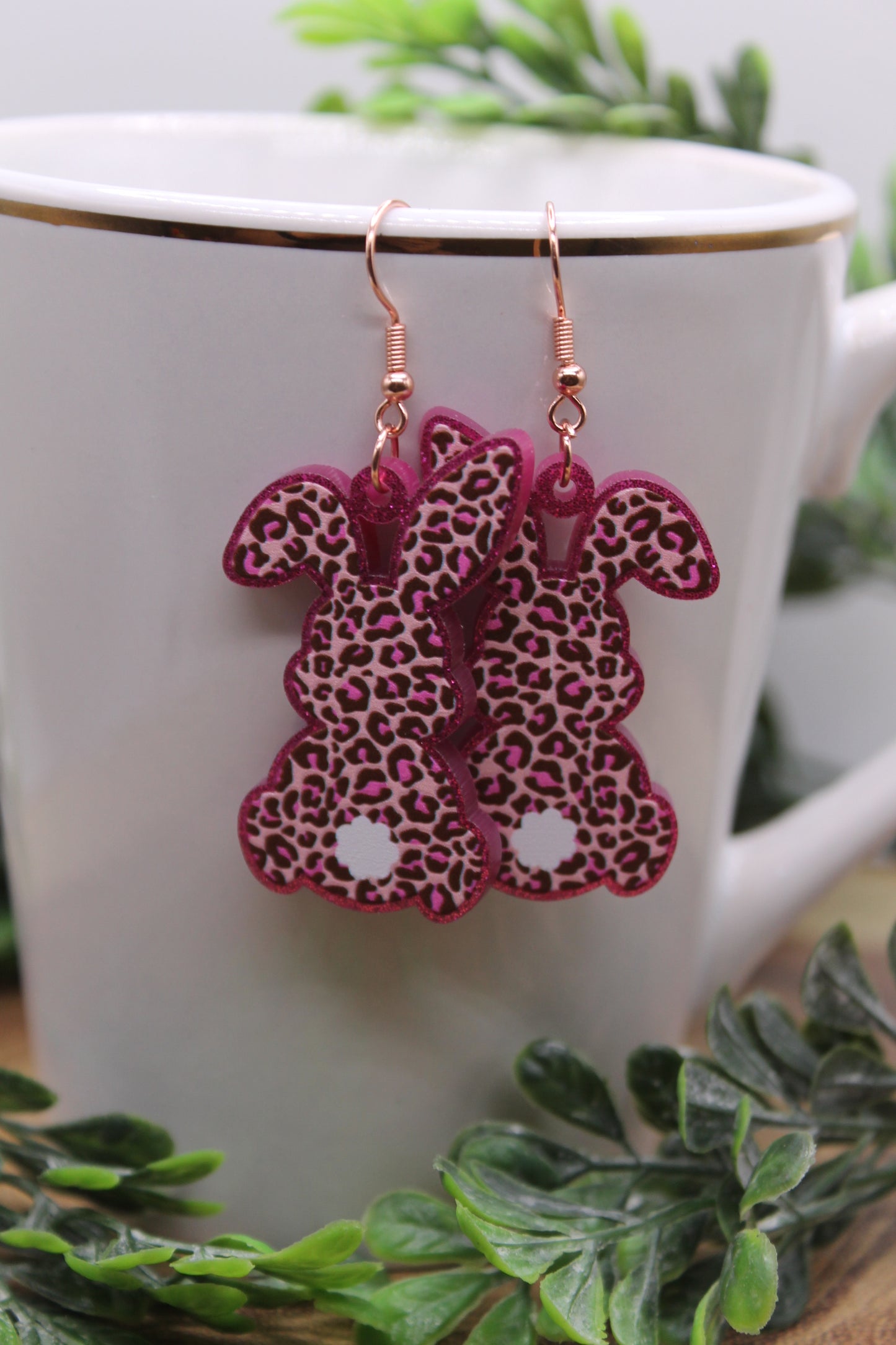 Pink Leopard Easter Rabbit with Cotton Tail • Dangle Earrings