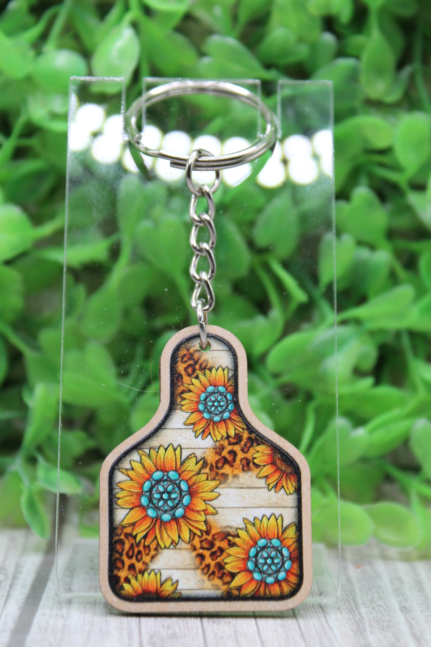 Turquoise Sunflower Cow Tag Wooden Keychain