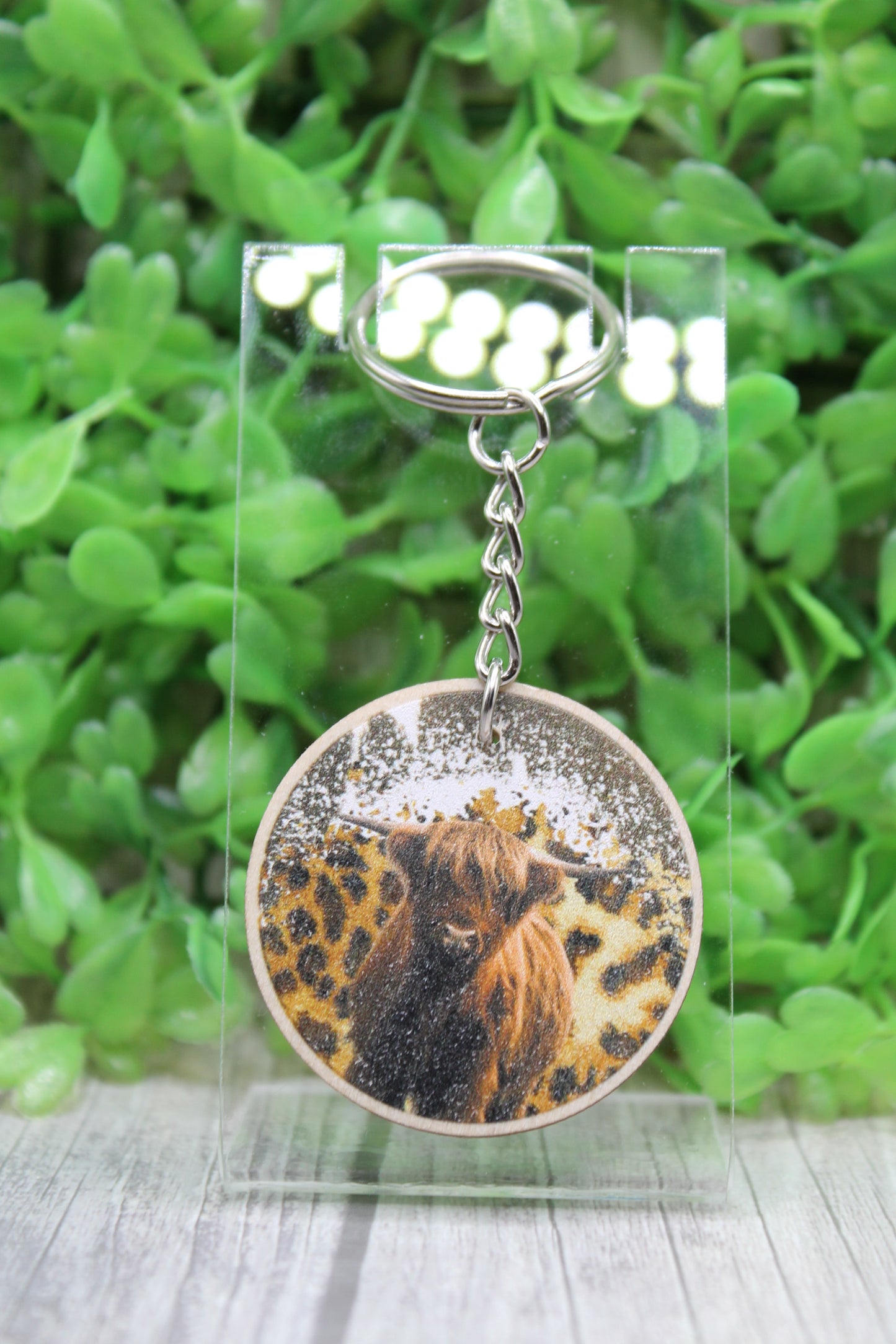 Highland Cow on Leopard & Black Glitter Wooden Keychain