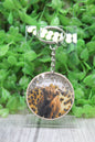 Highland Cow on Leopard & Black Glitter Wooden Keychain