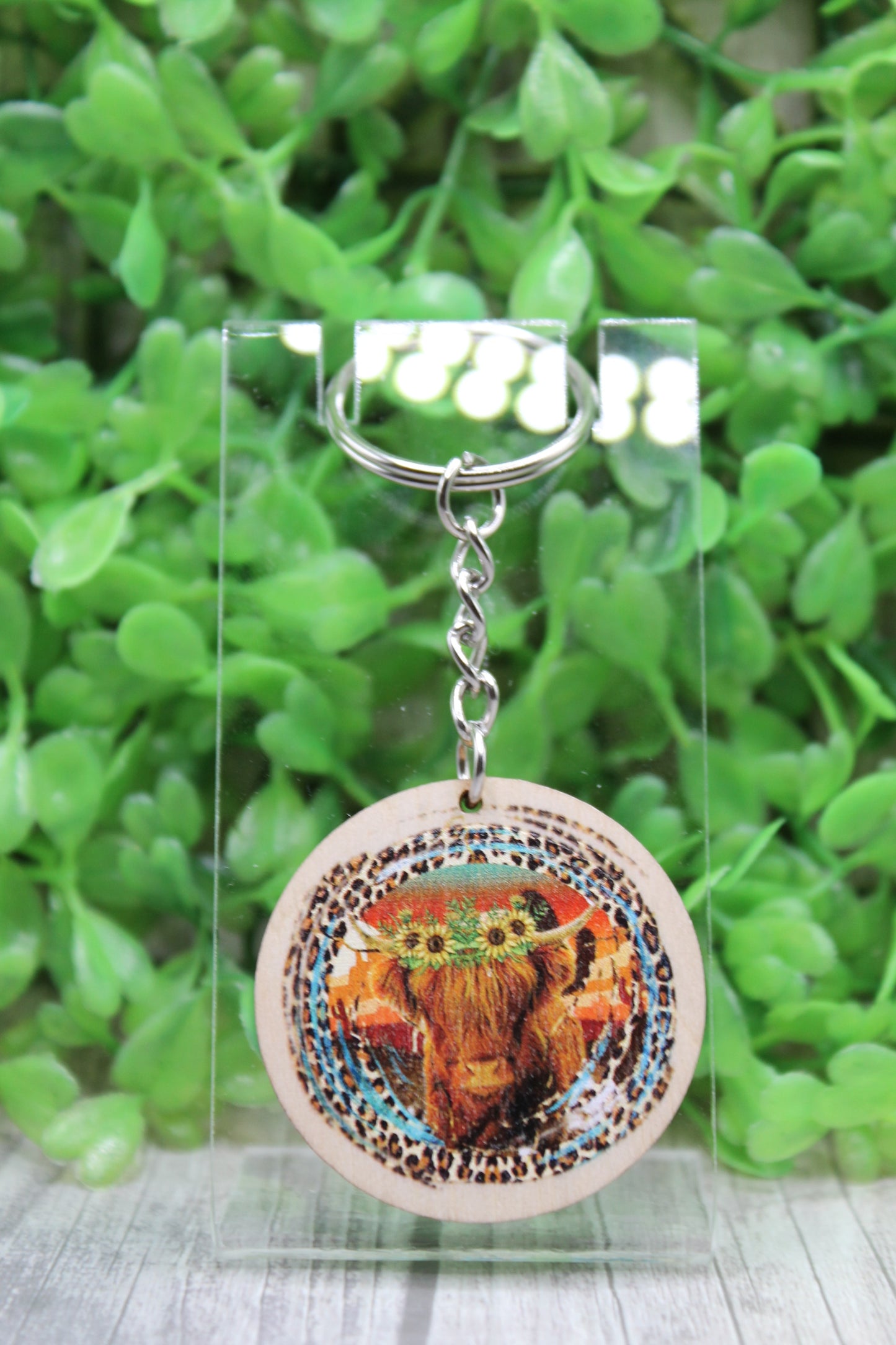 Highland Cow on Leopard Wooden Keychain