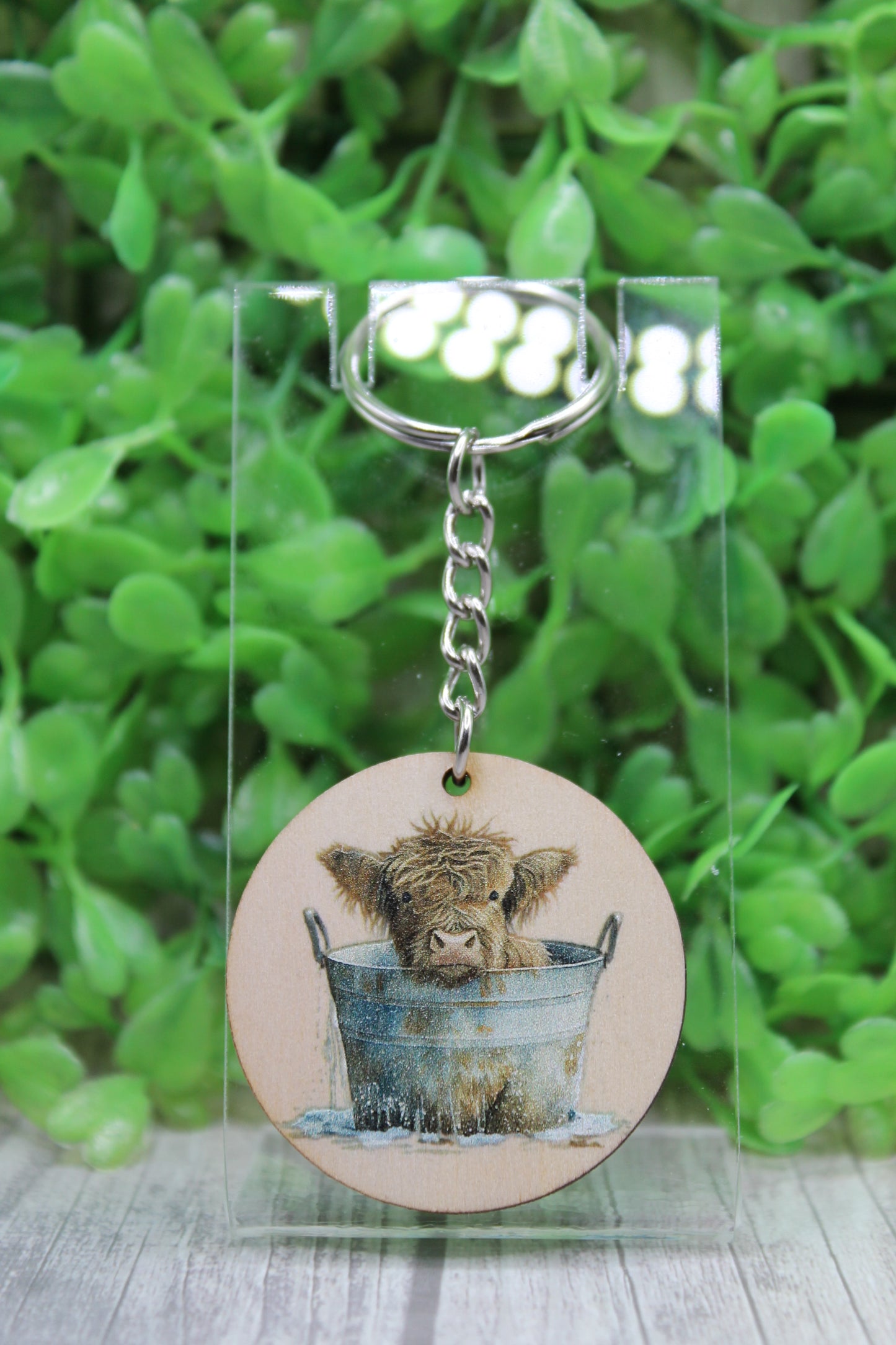 Highland Cow in a Bucket Wooden Keychain