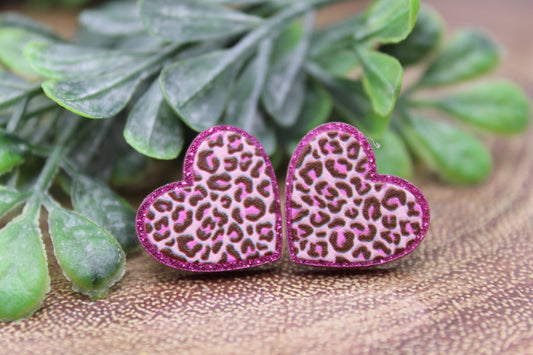 Pink Leopard Hearts Valentine's Day • Stud Earrings